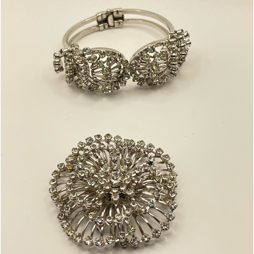 Vintage Silver Tone Hinged Clear Rhinestone Bracelet and Pendant